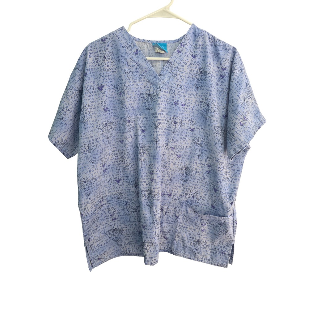 Scrub HQ Womens Blue Floral Peace Love Happiness V-Neck Scrub Top Large